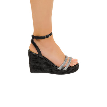 Sandali gioiello neri con zeppa 10 cm e applicazione di strass Lora Ferres, Donna, SKU w043000227, Immagine 0